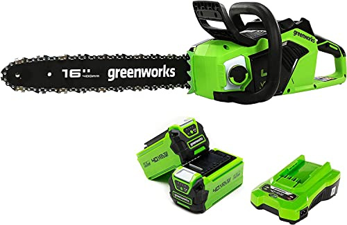 Greenworks GD40CS18K2X Akku Kettensäge mit bürstenlosem Motor, 40 cm Blattlänge, 20 m/s Kettengeschwindigkeit, 3,81 kg, automatischer Kettenschmierung, Rückschlagschutz, zwei 40V 2Ah Akkus & Ladegerät