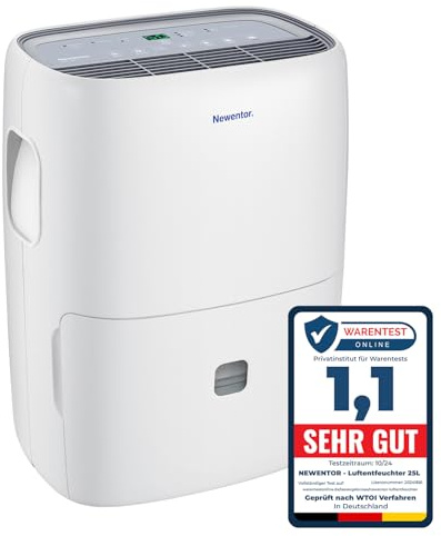 Newentor Luftentfeuchter 25L/Tag - 270W Stromsparender Luftentfeuchter - Für Räume ca. 215m³/80m² - 10 J. Gar. - Raumentfeuchter für Keller - Mit 2M Ablaufschlauch, Abnehmbarem Filter, Timer