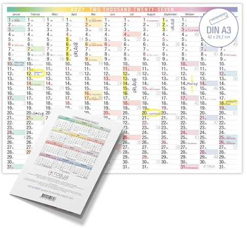 TOBJA® A3 Wandkalender 2027 Bunt Querformat | DIN A3 (42x29,7 cm) | FSC-zertifiziert | Wandkalender für Büro & Homeoffice | Planer für Termine & Feiertage