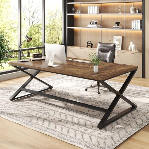 IBF Schreibtisch 180 cm Computertisch Holz Bürotisch Für Homeoffice Industrieller Metall Großer Arbeit Studium Schreibtisch Dual Monitor PC Workstation Computertisch Für Zwei Personen Rustikal Braun