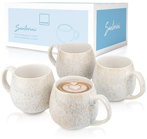 SÄNGER | Tassen Set Santorini 4 tlg, Kaffeetassen Set 4 Personen, Steingut Becher Spülmaschinenfest, Handmade Teetassen Cremefarben mit Flieder Blauem Farbverlauf 300 ml | PREMIUM COLLECTION