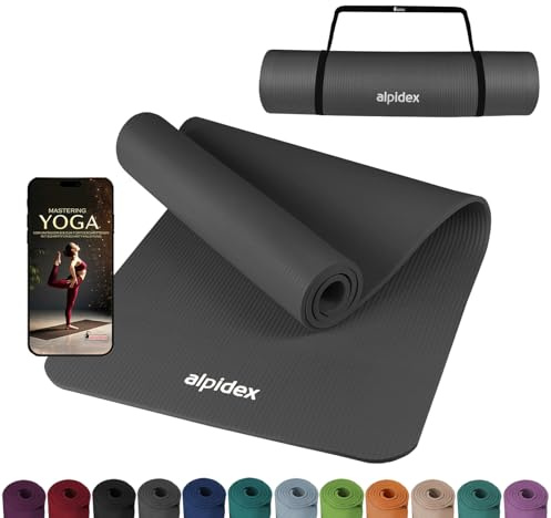 ALPIDEX Yoga Matte 183x60x0,8cm rutschfest Isomatte Gymnastikmatte Pilates | Phthalatfrei, Sportmatte, Fitnessmatte, Turnmatte, Trainingsmatte, Tragegurt, E-Book, Dünn, Turnen, Zuhause, Physio, Studio