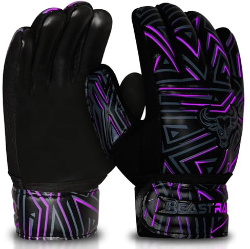 BEAST RAGE Torwarthandschuhe für Kinder, Jungen, Mädchen, Fußball-Torwarthandschuhe, rutschfeste Handfläche aus Latex, 4 mm, erhöhte Griffigkeit (Violett, Größe 8 (M/L))