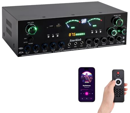 3000W Spitzenleistung 5.1-Channel HiFi Stereo Verstärker, Subwoofer Heimkino Verstärker mit Bluetooth 5.0, USB/SD Wiedergabe, DREI Mikrofoneingänge