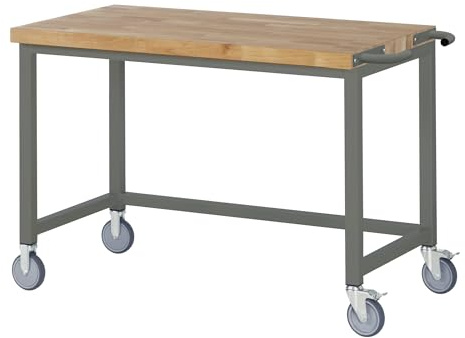 STIER Fahrbare Werkbank Premium, 125x70x88cm, Stahl & Buche, Montagewerkbank