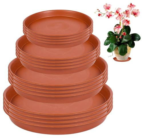 ZHXGO 16 Stück Blumentopf Untersetzer, 11.4/15/17.7/20.7cm Pflanzen-Untersetzer, Blumentopfuntersetzer Kunststoff Rund, Blumentopf-Tropfschalen Geeignet für Gärten, Hinterhöfe, Balkone (Braun)