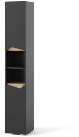 Vicco Badschrank Marelle, Anthrazit/Artisan, 30 x 180 cm mit Türen, und offenen Fächern, zur Aufbewahrung von Badutensilien und Handtüchern