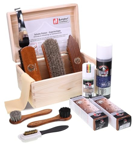 Langlauf Schuhputzset 13tlg Venezia - Schuhpflege Glatt- & Wildlederbürsten | mit Schuhcreme farblos/schwarz, Imprägnierung, Velours- & Nubukpflege, Rosshaarbürste Schuhbürsten Set für Glanz & Reinigung