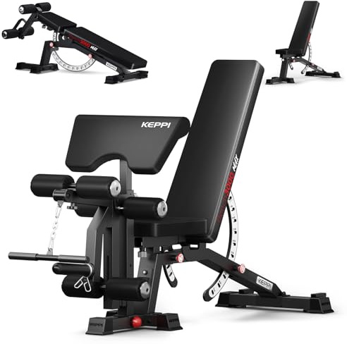 Keppi Hantelbank Verstellbar, mit 600 kg Kapazität, Schwerlast Verstellbar für das Heimtraining Schrägbank, Predigerpad und Neigungs/Abwärts/Flachverstellung Trainingsbank - Bench3000 Max