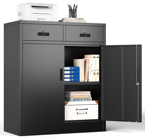 Aktenschrank, Mehrzweckschrank, Büroschrank mit 2 Türen, Schrank abschließbar, Aufbewahrungsschrank Stahl, 2 Schublade und 1 Verstellbarer Einlegeboden für Büro, Garage(Schwarz,90 * 80 * 40)