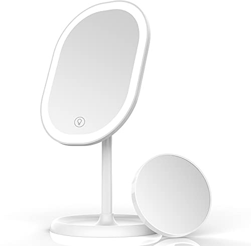 Aidodo Schminkspiegel, Tischspiegel Rasierspiegel Schminkspiegel Beleuchtet mit Dimmbarer Helligkeit LED Licht, Mit 10X Vergrößern Spiegel, 180° Faltbarer Tischspiegel, Freund