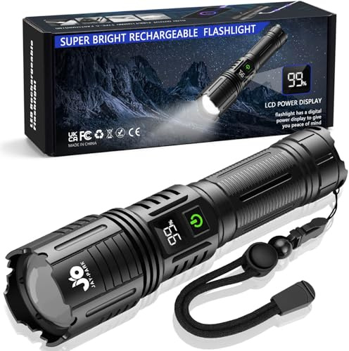 JAY-PARK Taschenlampe LED Aufladbar 1000000 LM, 5000 mAh Akku, Wasserdicht | Zoom & 5 Modi, Mit Notfall-Ladefunktion, LCD-Ladezustandsanzeige, 1600m Reichweite, mit Hülle, Outdoor/jagd/Wandern