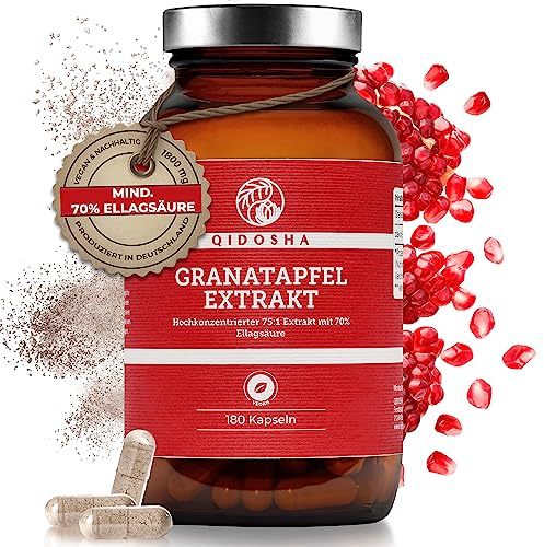 QIDOSHA® Granatapfel Extrakt Kapseln hochdosiert, 70% Ellagsäure, 180 Stk/Glas, 75:1 Premium-Extrakt mit 1800mg Granatapfel Extrakt je Tagesportion, vegan, deutsche Fertigung