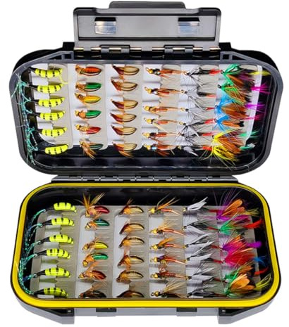 Qitewwrme Fliegenfischen Fliegen Kit, 72 Pcs, 6 Gemischte Stile, Trockene/Nasse Fliegen, Streamer, Forellenangeln mit Box