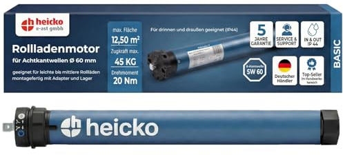 heicko Rollladenmotor | 20 Nm für SW60 Achtkantwelle | 45kg Zugkraft | Ohne Funk | Mechanische Endschalter | Leiser Rohrmotor | Wartungsfrei | IP44 Schutz für Innen und Außen