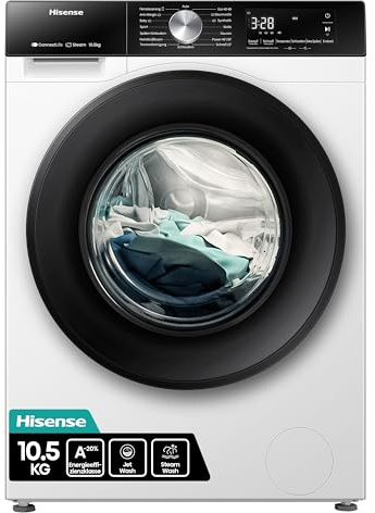 Hisense WF3S1043BW3 Waschmaschine mit Dampffunkunktion, 10.5 kg, 1400 U,min, 19 Programme, WIFI, ConnectLife, Power JetWash, Aqua Stop, Auto Wash, Quick Wash, Steam Refresh, EEK A-20 Prozent