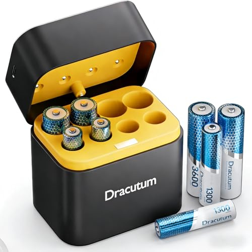 Dracutum wiederaufladbar Lithium Batterien, (4 AA & 4 AAA) mit Batterieladegerät, 3600mWh AA Akkus & 1300mWh AAA Akkus Hohe Kapazität 1.5V, 2000 Zyklen Lang anhaltende Li-Ion Batterien