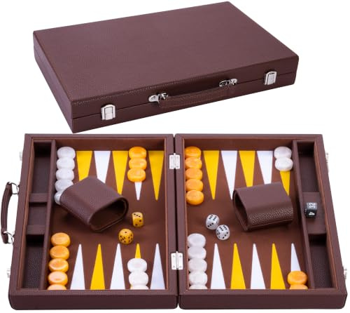 Engelhart - Luxus Backgammon 15- 38 cm - hochwertige Materialien - Kunstleder, spezielle Filzeinlage - Perlmuttwürfel und Token + 2 Bechern - Profi- und Freizeit…