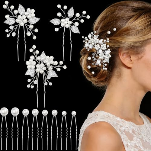 Kiiwah 11 Stück Haarnadeln Hochzeit, Braut Haarschmuck Hochzeit, U-förmig Perle Haarnadeln für Frauen Braut Brautjungfer Mädchen (Silber)