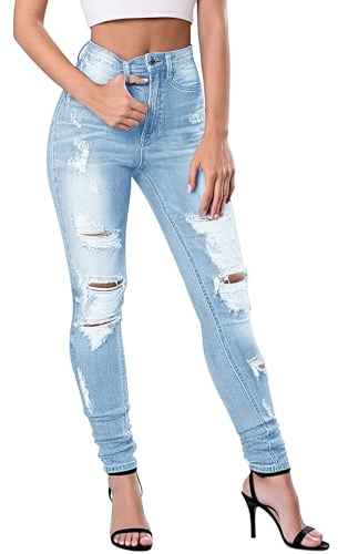 Fengbay Skinny Jeans Damen Stretch High Waist Zerrissene Streetwear Damenjeans Po-Lift Mode Hosen Jeans
