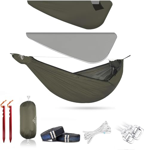 Onewind Outdoor Camping Hängematte mit Moskitonetz | Ultraleichte Nylon Hängematte mit Baumgurte Ridgeline, Atmungsaktiv Tragbar für 1 Person Überleben Bushcraft Wandern