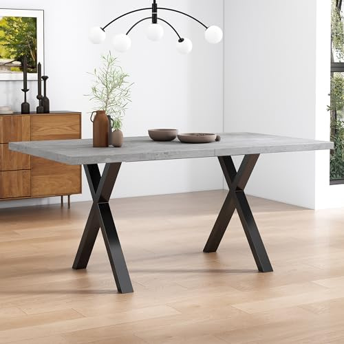 Merax Esstisch, Design mit gekreuzten Beinen, rechteckiger Esstisch, aus Schmiedeeisen, L140*B80*H76cm, Betonoptik+schwarz