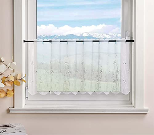 Delien Voile Bistrogardinen für Küche Transparente Scheibengardine Landhaus Kurz Gardine Modern »Blumenzweig« Stores Schals Bestickt Vorhang mit Tunnelzug BxH 90x30cm,Weiß