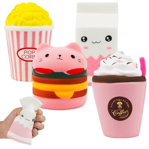 4 Stück Squishies Spielzeug, Katze Hamburger Simulation Lebensmittel Anti Stress Fidget Spielzeug, Stressabbau Angstzustände Autismus Slow Rising Antistress Squishy Spielzeug für Kinder Erwachsene