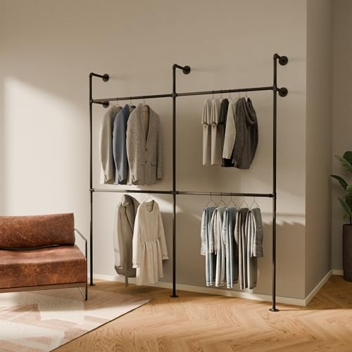 pamo Kleiderstange Wandmontage Schwarz – 201 x 222 cm | 360 kg Traglast | Offener Kleiderschrank Industrial Garderobe Wand Schwarz aus Metall – Begehbarer Kleiderschrank System