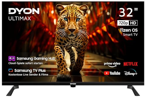 DYON ULTIMAX 32H-TI-W - 32 Zoll (80 cm) HD Smart TV mit Tizen OS, Triple Tuner (DVB-C/-S2/-T2), Smart & Gaming Hub, Prime Video, Netflix, Disney+