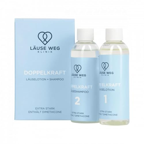 Läuse Weg Klinik – Premium Läuseshampoo in Kombination mit hochdosierter Lotion für Erwachsene und Kinder – Effektives Läusemittel auf Basis von Dimeticon mit Eukalyptus und Limonen Duft – 2 x 100 ml
