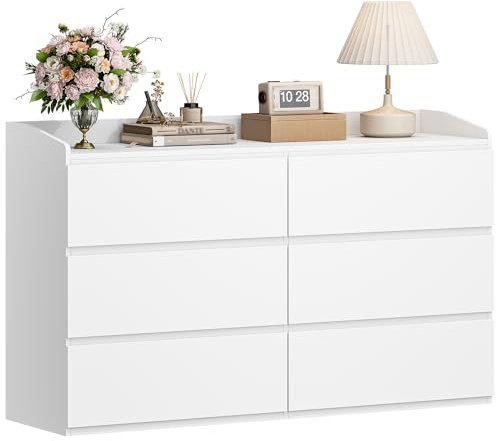 Hzuaneri Kommode 138 cm, Kommode mit 6 Schubladen, Seitenschrank mit Arbeitsfläche, Spind mit Oberem Geländer, Geeignet für Wohnzimmer und Schlafzimmer, 40 x 138 x 84 cm, Weiß DC32603X