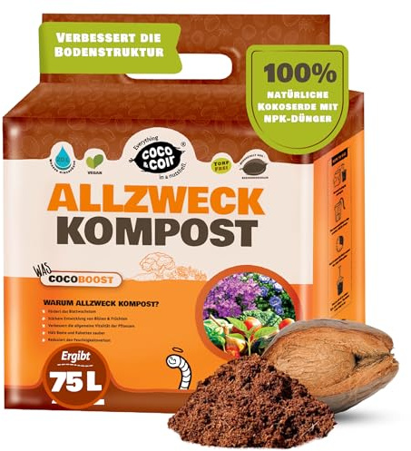 Coco & Kokosfaser Allzweck-Kompost torffreie Kokoserde für Pflanzen im Innenbereich Blumenerde gedüngt mit NPK - Coco Boost (75L)