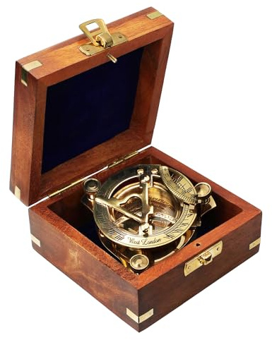 Casa Vivente Sonnenuhr-Kompass aus Messing mit eleganter Holzbox, Nautische Geschenkidee