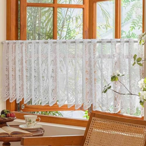 Jeeman Jacquard Scheibengardine Spitze Gardinenschals Weiß 60x150cm 1 Stück | Lichtdurchlässig, Amerikanische Café-Gardine, Blumenmuster Retro, Bistrogardine Abdeckvorhang für Schuhregal , Mit Tunnelzug
