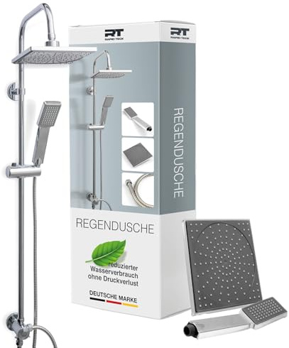 Duschset Edelstahl Duschsystem ohne Armatur, mit Regendusche (176,5 x 176,5 mm) und Handbrause, Regendusche ohne Armatur - Dusche komplett - Chrom Duschwand für Badewanne, Duscharmatur Komplettset