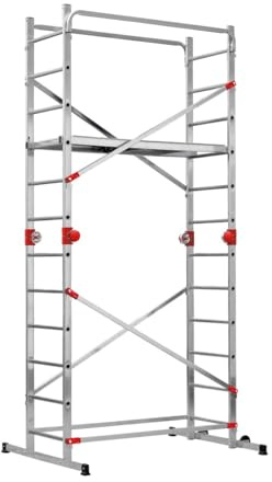 Hailo G60 Alu Multifunktionsgerüst - 2 x 12 Sprossen belastbar bis 150 kg/m2 - Plattform mit Durchstiegsluke - fahrbares Alu Gerüst - verwendbar als Anlegeleiter, Doppelleiter, Baugerüst - Silber