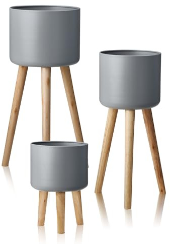 KHG 3er Set Blumentopf Pflanzkübel Grau | Pflanzenständer im Scandi Look | Übertopf aus Metall wasserfest mit Holzbeinen, ideal für Wohnräume & Büro