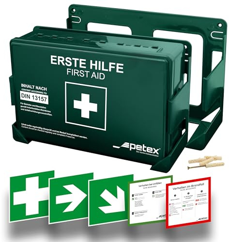 PETEX Betriebsverbandkasten Standard mit Inhalt nach neuer DIN 13157 inkl. praktischer Wandhalterung, 5x Aufkleber, Erste-Hilfe-Koffer, Verbandkasten in grün für Betrieb, Büro, Baustellen