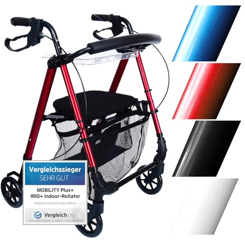 Mobility Plus+ Indoor Rollator IR10+ Rot - Wohnungsrollator Leichtgewicht, schmal & faltbar - Sitz & Griff höhenverstellbar - Gehhilfe für Senioren inkl. Rückengurt, Netztasche & Tablett