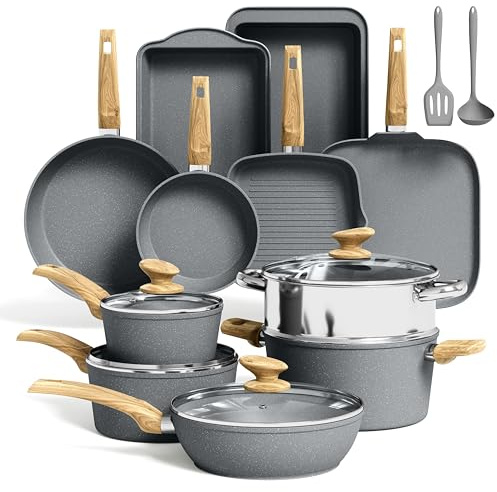 Kitchen Academy Topfset Pfannenset Induktion - 17 teilig, Kochgeschirr Set mit Glasdeckel, PFAS-freie Keramik Antihaftbeschichtung, Grau