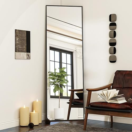 Koonmi 140 × 40 cm minimalistische Rahmen Standspiegel, Solider Ganzkörperspiegel frei stehend, leicht Spiegel in voller Länge Aufhängen an der Wand horizontal oder vertikal, Schwarz