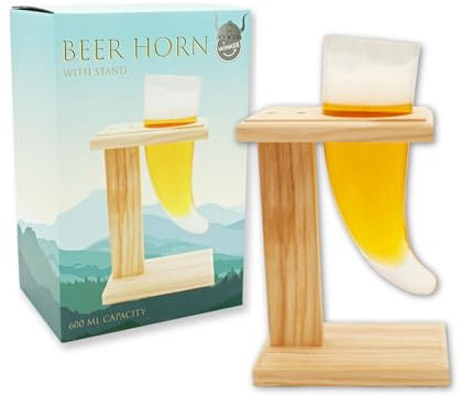 Winkee - Bier Horn Glas - Rustikales Glas Design, speziell für Bier I Ideal für Bierliebhaber I Stabiler Holz - Ständer Inklusive