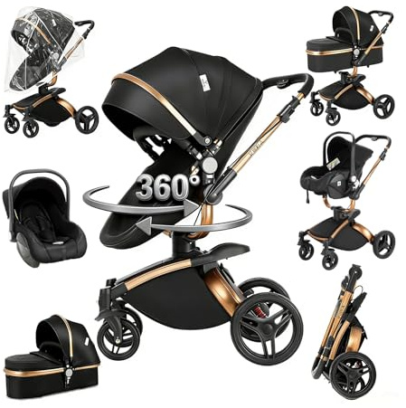 Prokoke PU-Leder Kinderwagen 3 in 1, Buggy mit Verstellbarem Sitz mit 360°-Drehung, Kinderwagen mit Rahmen Aluminiumlegierung, Kombikinderwagen 3 in 1 mit Einem Klick Faltbar Design (906 Black)