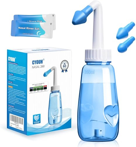 CYOUH Nasendusche Set, 260 ml, mit 60 Nasenwasch-Salzpaketen und Aufkleberthermometer，nasendusche erwachsene zur Nasenreinigung und Nasenspülung