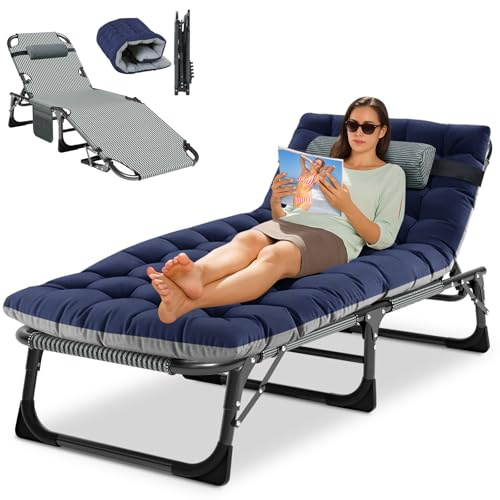 Obqer Folding Lounger, 200KG Belastbarkeit Klappbett Gästebett für Garten | mit Matratze, Seitentaschen und Kopfstütze, verstellbare Rückenlehne, einfach zu montieren, geeignet für Sonnenbaden, Camping