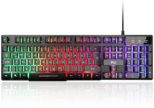 Rii Gaming Tastatur PC, RGB Tastatur kabelgebunden, Regenbogen Beleuchtete Tastatur LED, Gaming Keyboard ideal für Gamer|Büro（Deutsches Layout）