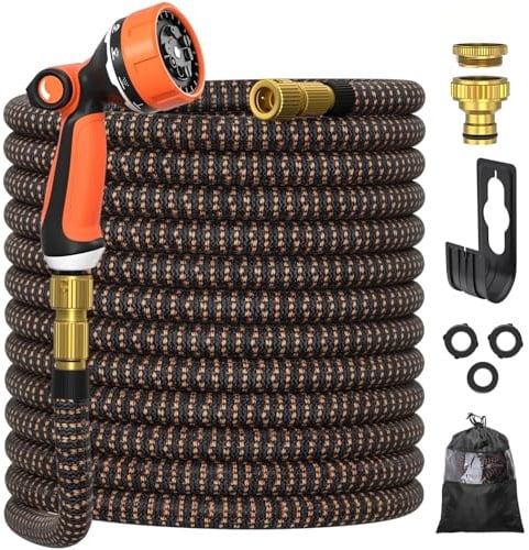 Flexibler Gartenschlauch, 5m ausziehbar bis zu 15m, mit 10 Funktions Brause, Leichter Flexibler Schlauch mit 3/4 und 1/2 Zoll soliden Messinganschlüssen und 3 Lagigem Latexkern, 5-15m, Orange