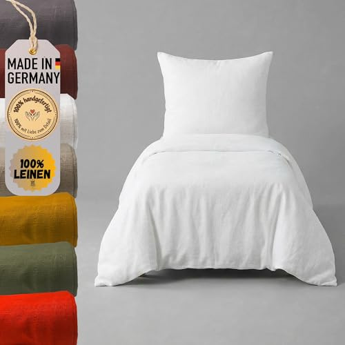 chambry Premium Bettwäsche 100 % Leinen - handgefertigt in Deutschland - atmungsaktiv temperaturausgleichend bügelfrei - Bettbezug 135x200cm + Kissenbezug 80x80cm - Ecru Weiß