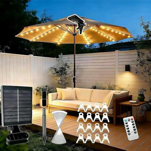 Sonnenschirm Beleuchtung Solar, LED Iichterkette für Sonnenschirm mit Fernbedienung und Clip, 8Modus Regenschirm Lichterkette, Sonnenschirmbeleuchtung LED, für Schirmdekoration, Campingzelte Party